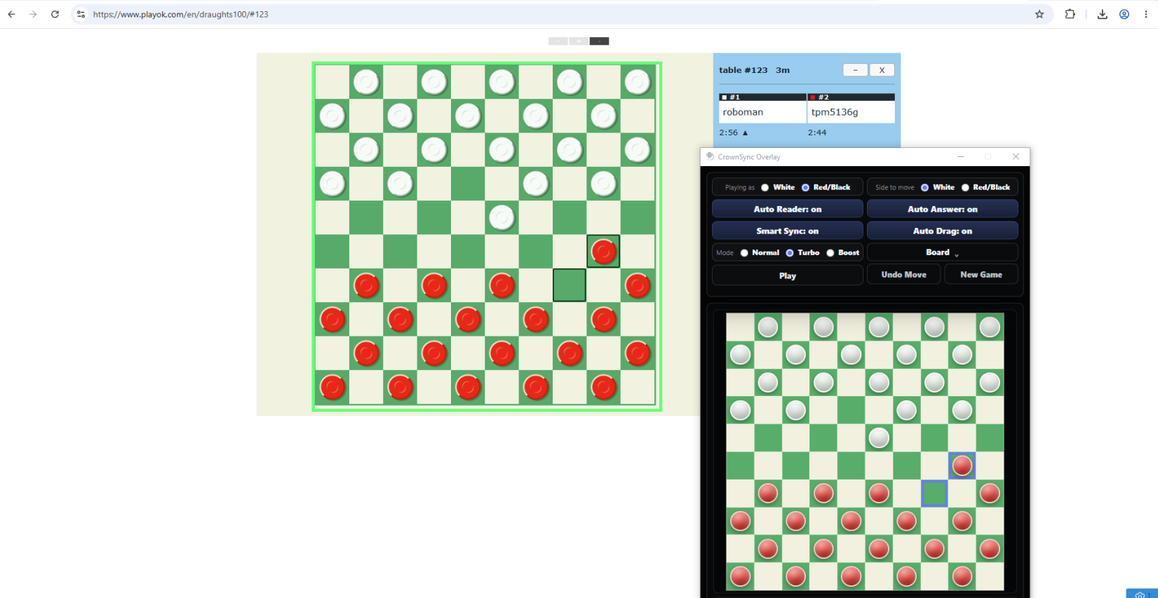 CrownSync overlay during an online draughts game